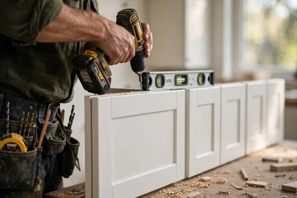 Carpenter installing white shaker cabinets in a 10x10 kitchen remodel