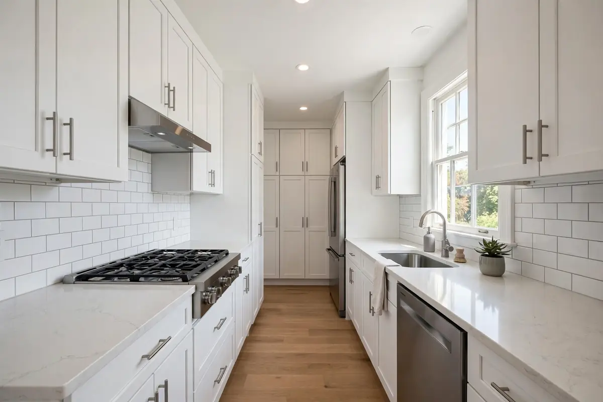 10x10 kitchen remodel with white shaker galley cabinets and quartz countertops