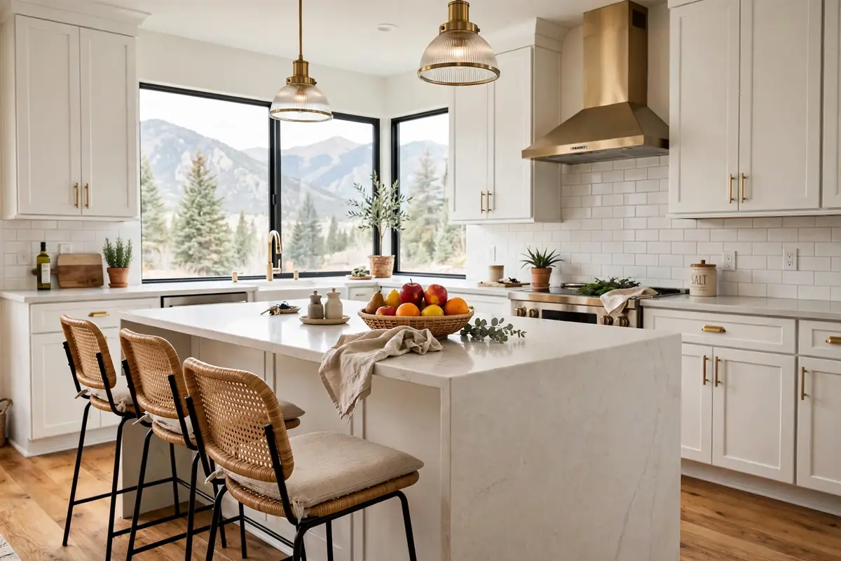 Finished kitchen remodel by Kitchen Remodeling in Colorado Springs with white shaker cabinets and quartz island