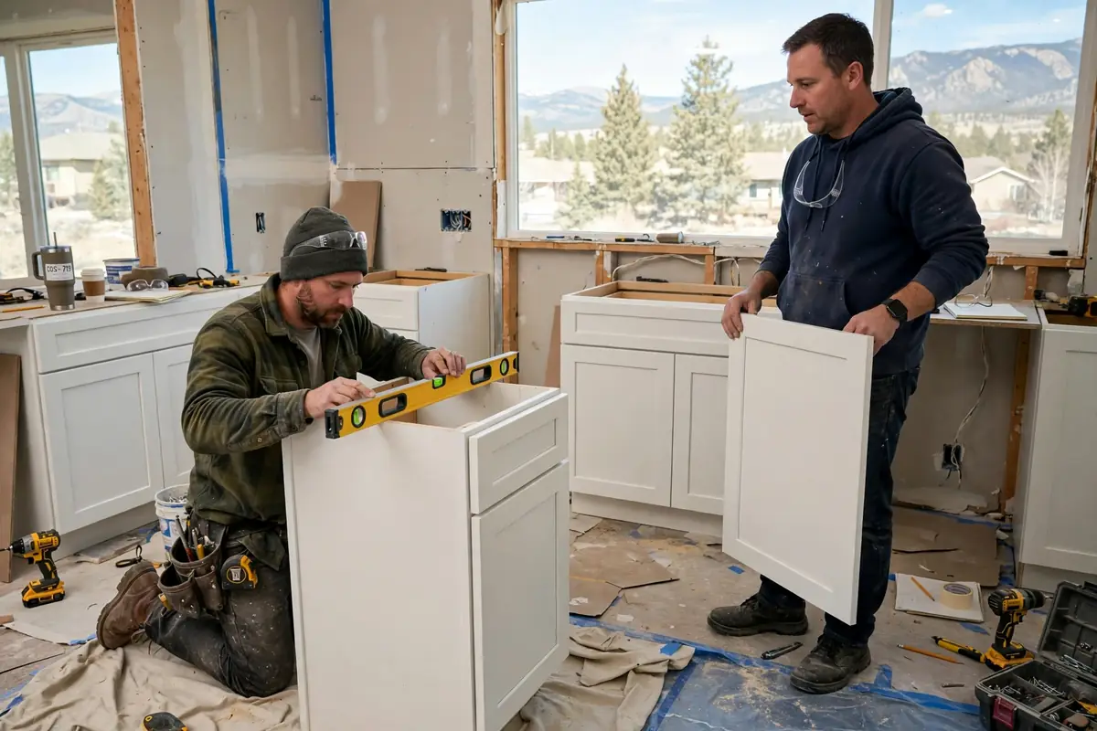Kitchen Remodeling crew installing white shaker cabinets in a Colorado Springs kitchen