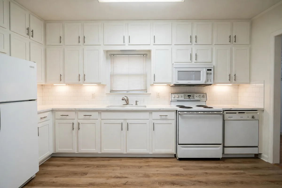 Kitchen with freshly painted white cabinets and new hardware after a DIY paint job