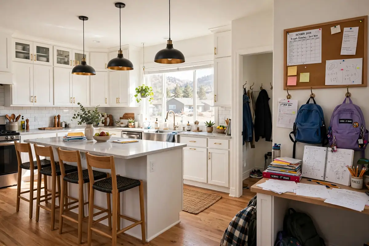 Open family kitchen in Briargate Colorado Springs with island seating and quartz counters after remodeling