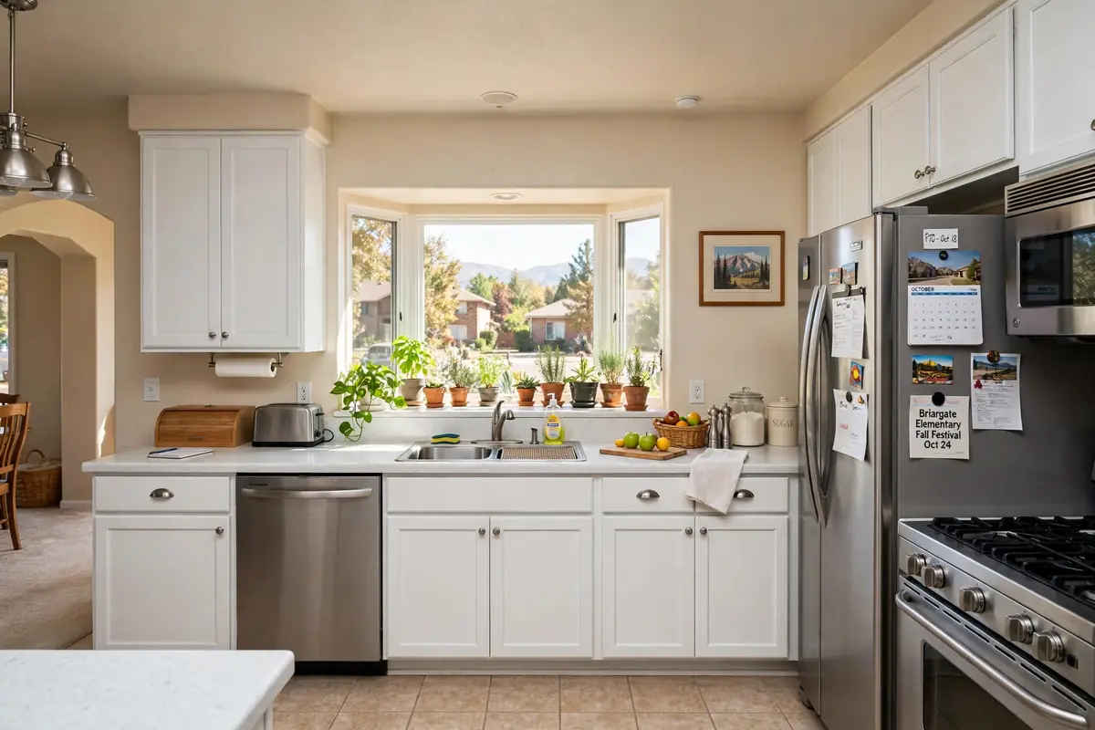 Kitchen remodel Briargate Colorado Springs: refaced white shaker cabinets replacing dated oak