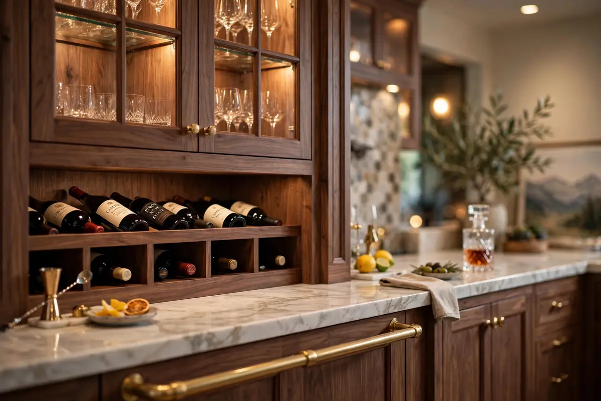 Custom inset walnut cabinetry with glass fronts and wine storage in a luxury Broadmoor kitchen remodel
