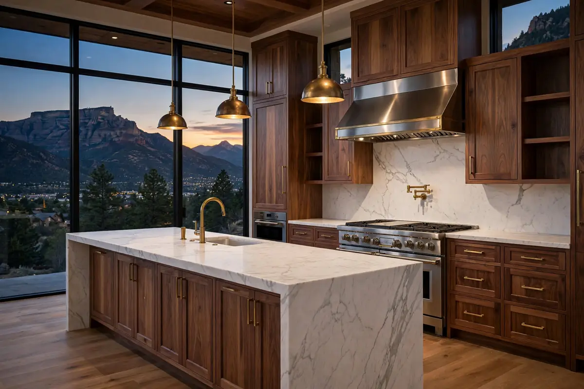 Luxury kitchen remodel Broadmoor Colorado Springs: custom walnut cabinets, Cheyenne Mountain view