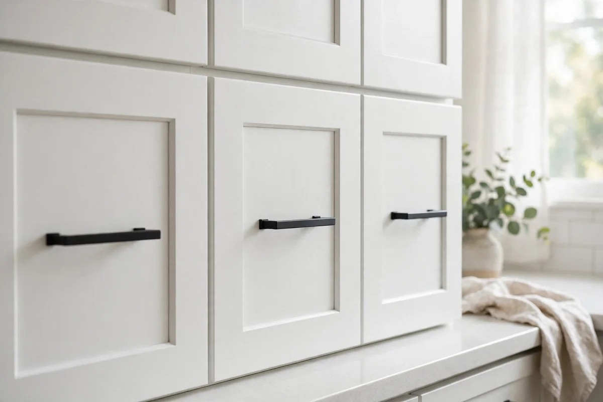 Matte black bar pulls on white shaker cabinet doors in bright kitchen
