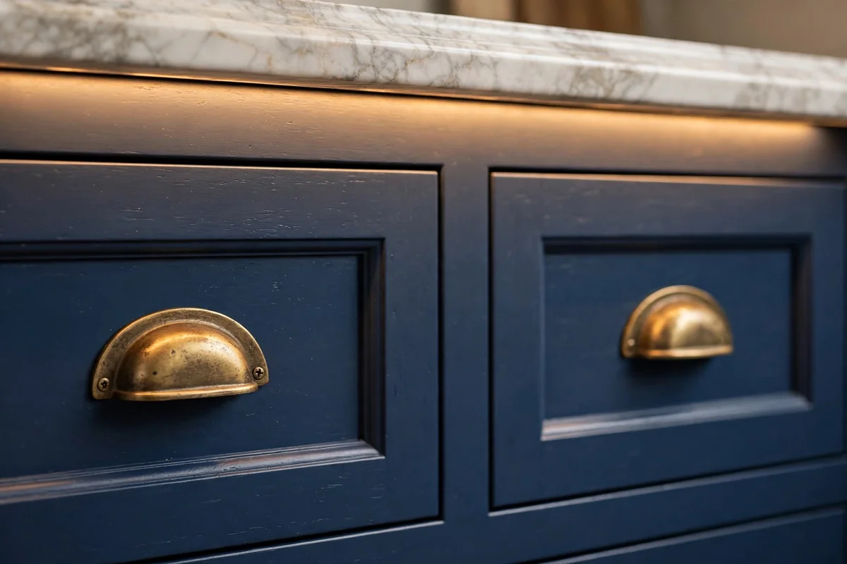 Brass cup pulls on navy blue drawers glowing under warm kitchen light