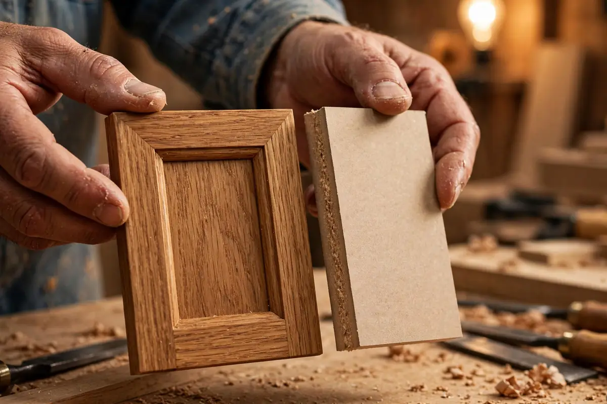 Cabinet maker comparing MDF cabinet panel with solid hardwood frame construction