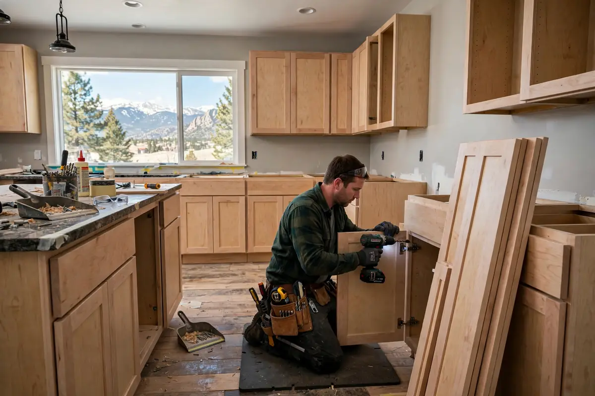 Installer fitting new cabinet doors during a cabinet refacing project in Colorado Springs