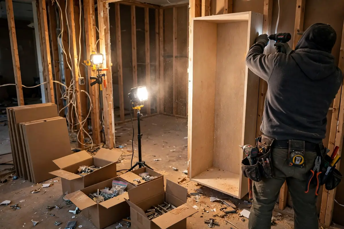 New kitchen cabinet boxes being installed on bare wall studs in Colorado Springs