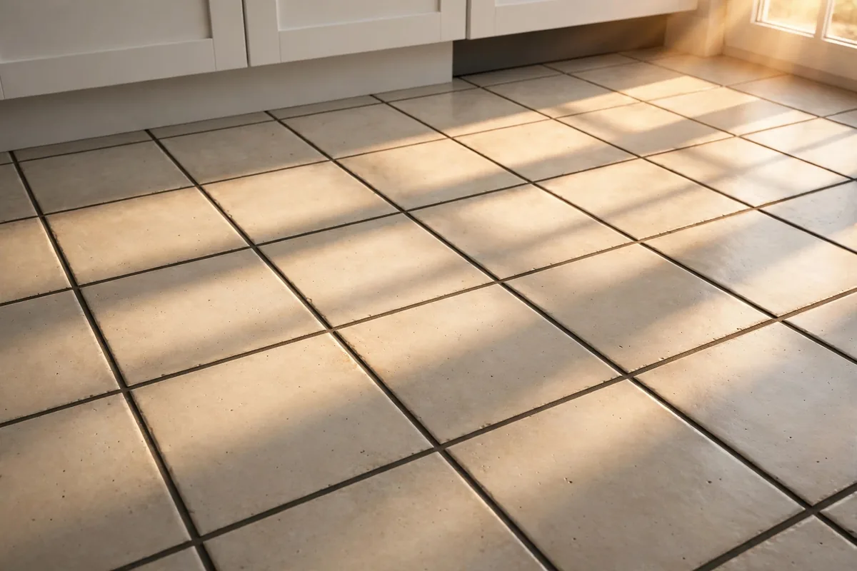 Ceramic tile kitchen floor with dark grout and sunlight from windows