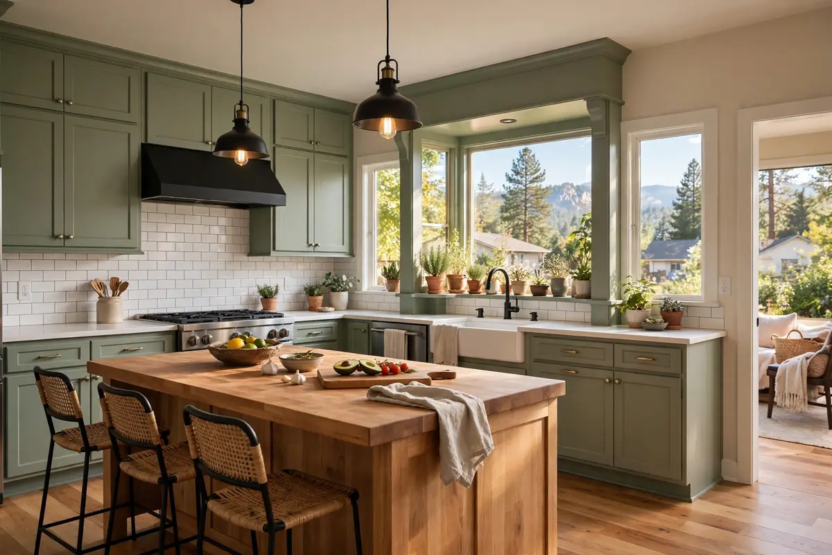 Kitchen remodel Colorado Springs neighborhood home with sage green shaker cabinets