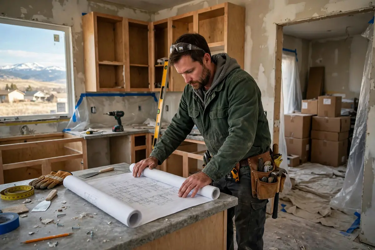 Contractor reviewing kitchen remodel permit paperwork on site in Colorado Springs