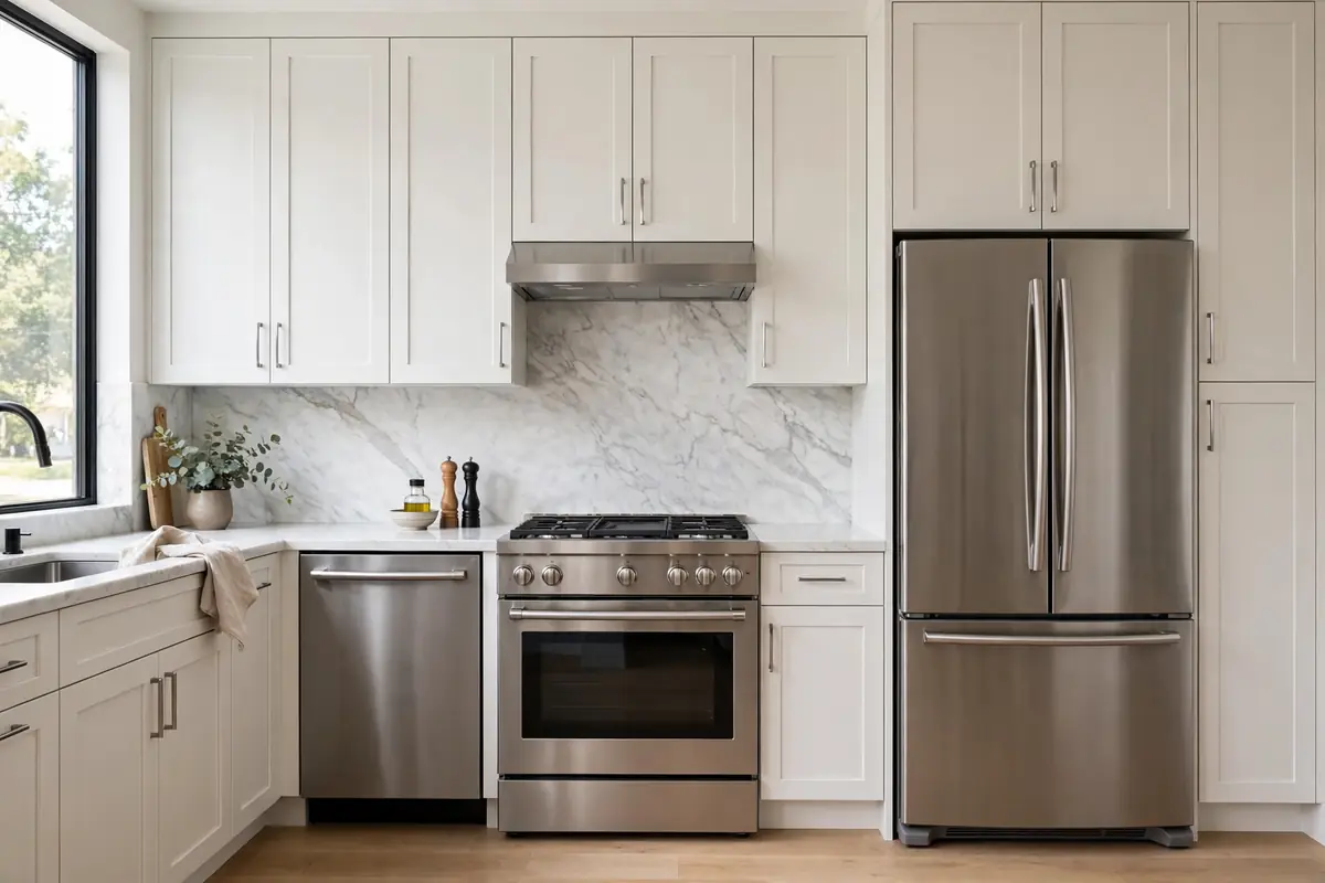Counter-depth refrigerator installed flush with kitchen cabinets in a modern remodel