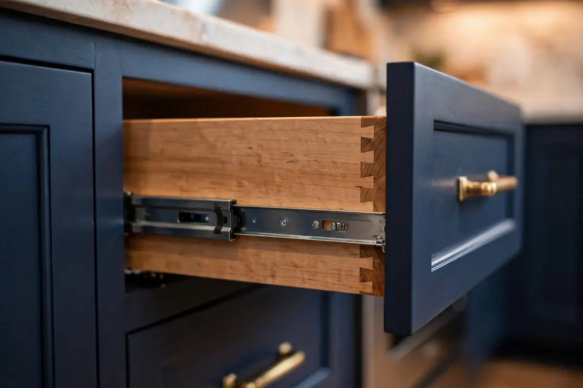 Dovetail drawer detail on custom kitchen cabinets with soft-close hardware
