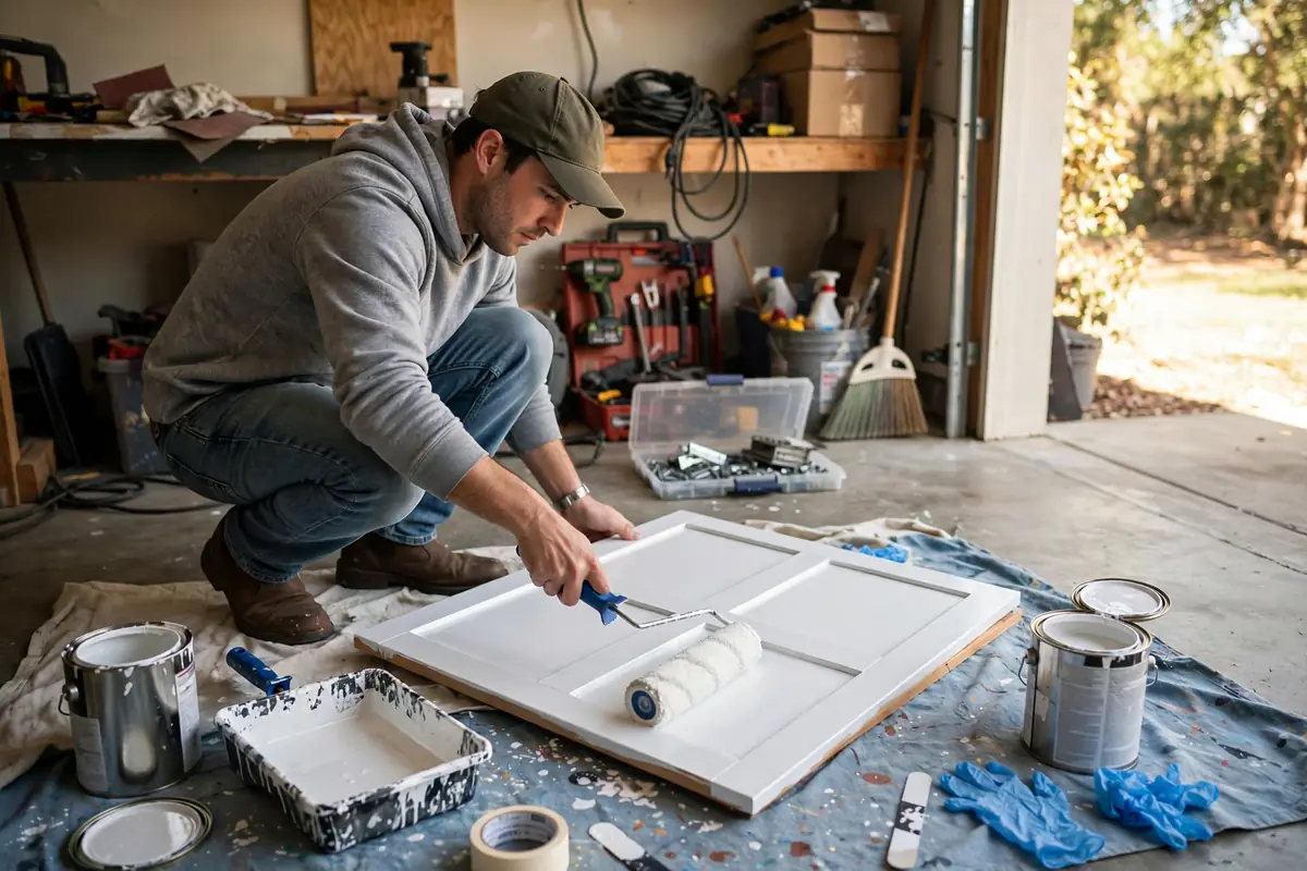 How to paint kitchen cabinets: homeowner rolling white enamel on a cabinet door in a garage