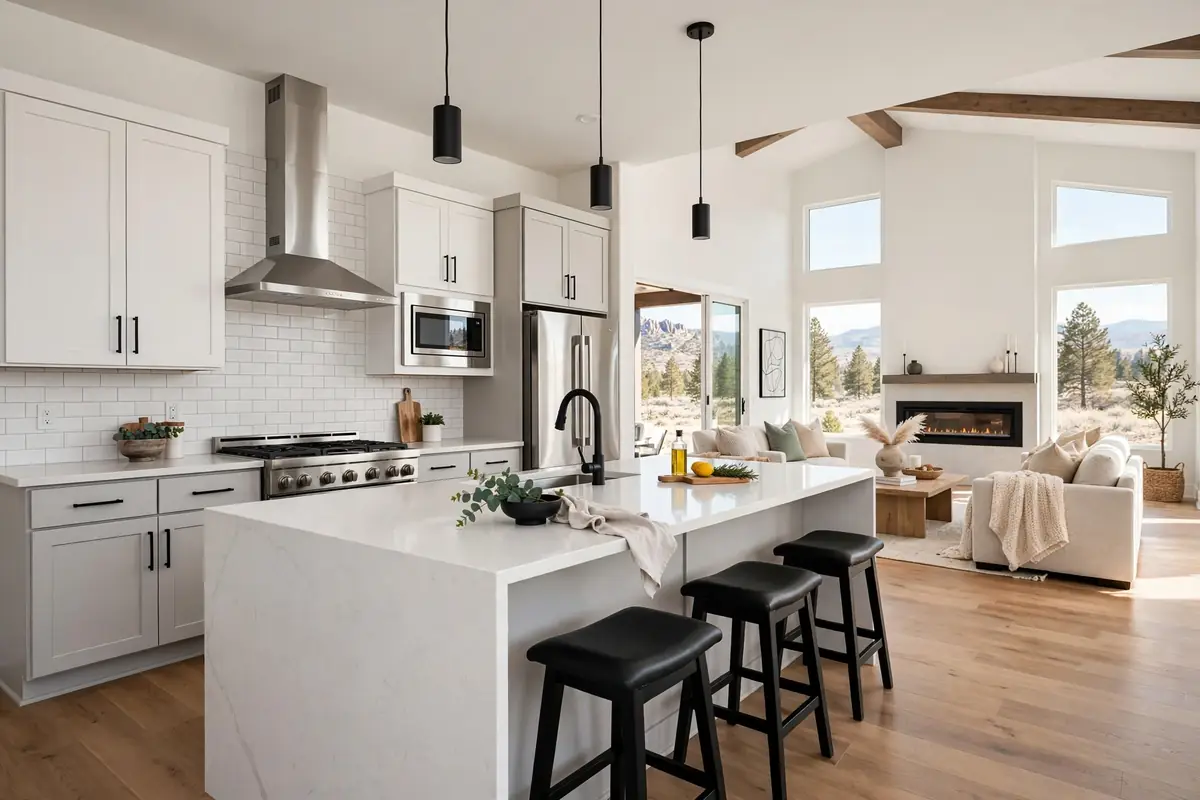 Open-plan family kitchen remodel Falcon CO: large island, quartz counters