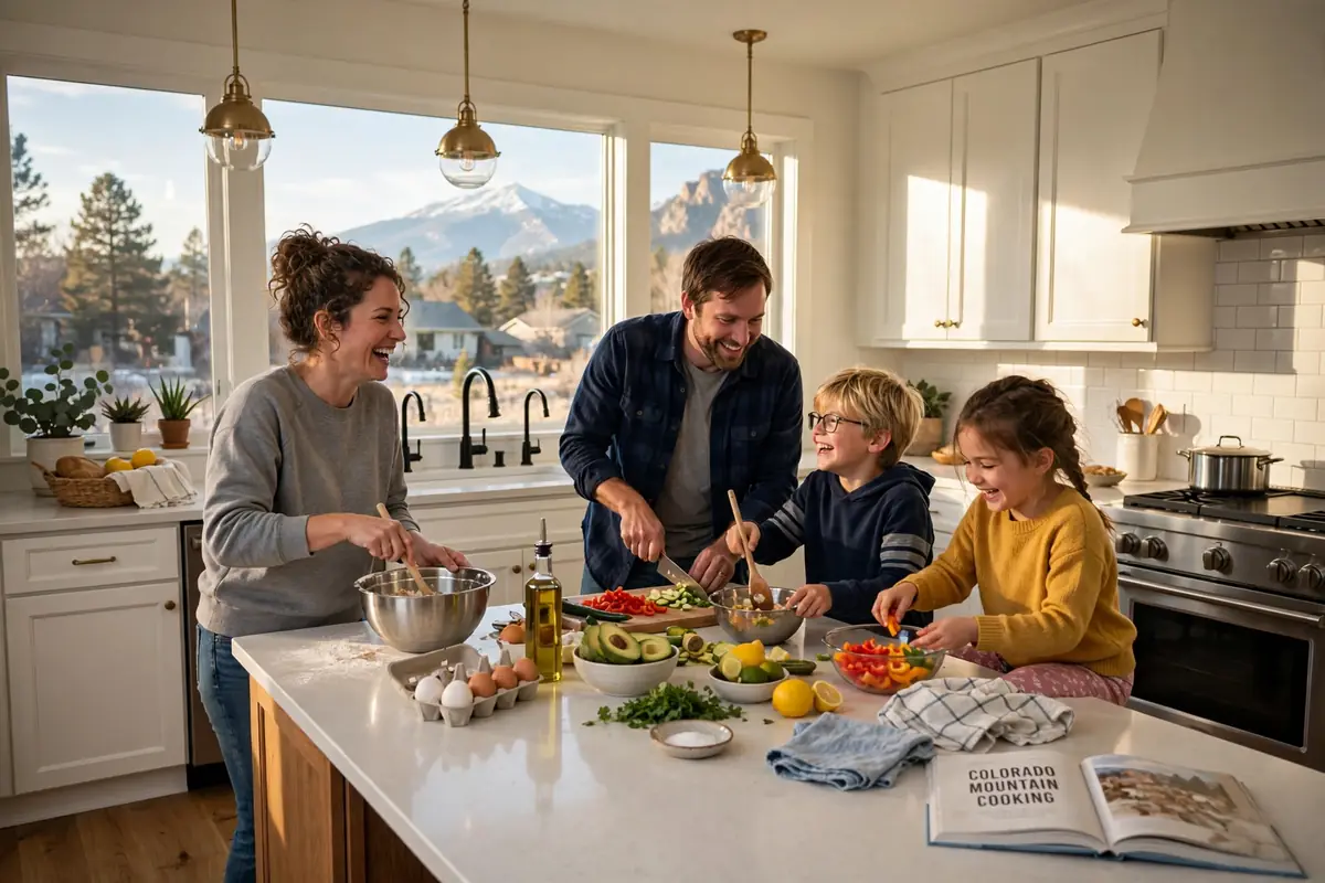 Family cooking together in a newly remodeled Colorado Springs kitchen financed with a home equity loan