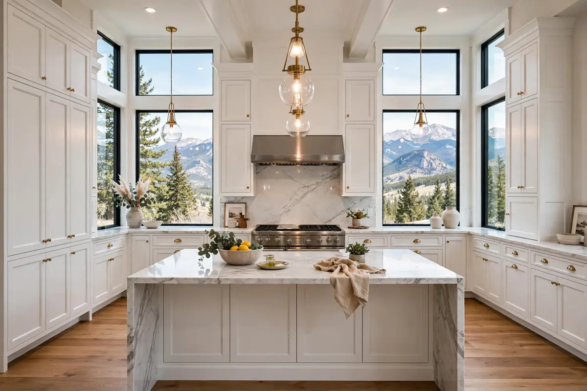 Finished full kitchen remodel Colorado Springs with custom cabinets and large quartz island