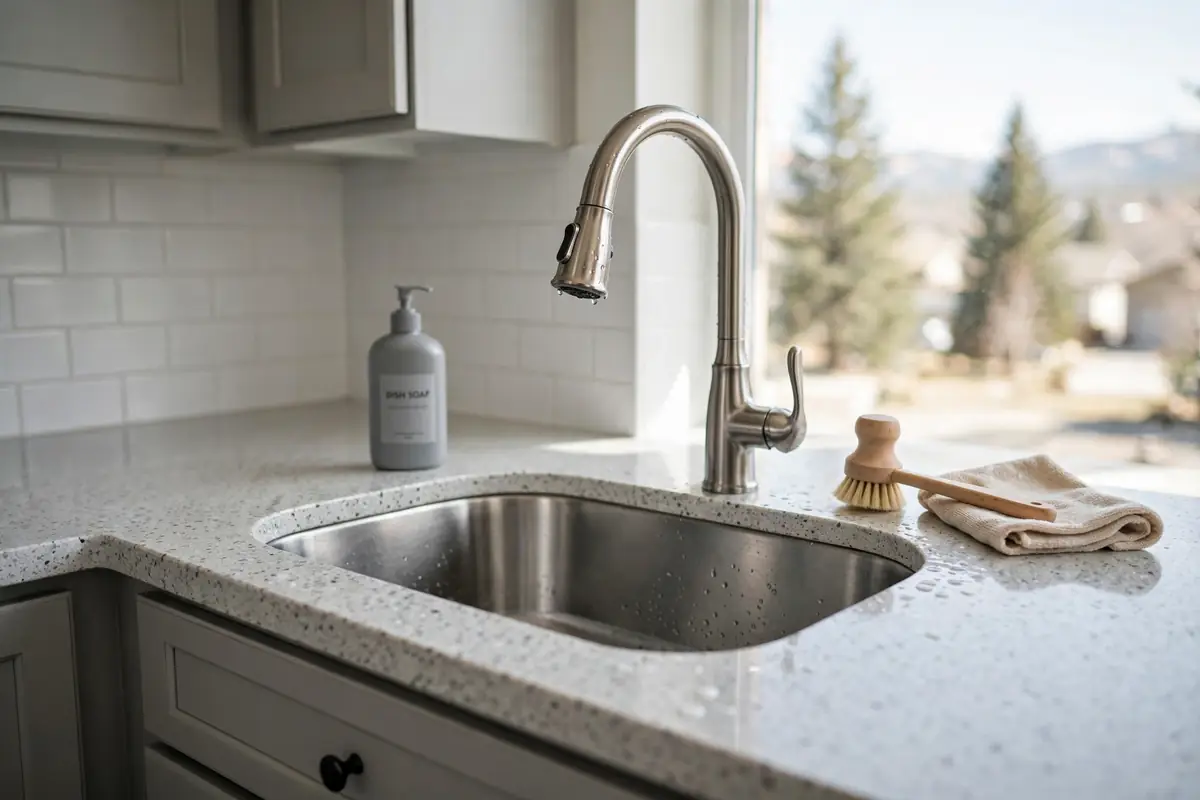 Durable easy-clean kitchen sink area in a Fountain CO remodel with quartz-look counters