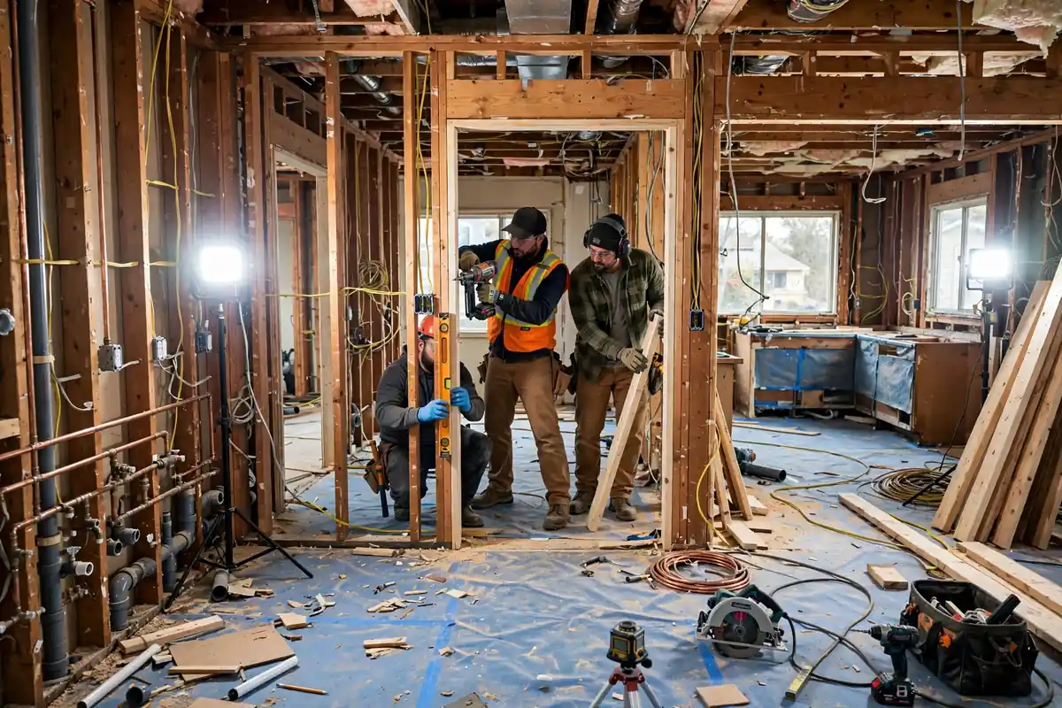 Full kitchen gut renovation in progress in Colorado Springs, walls open to studs