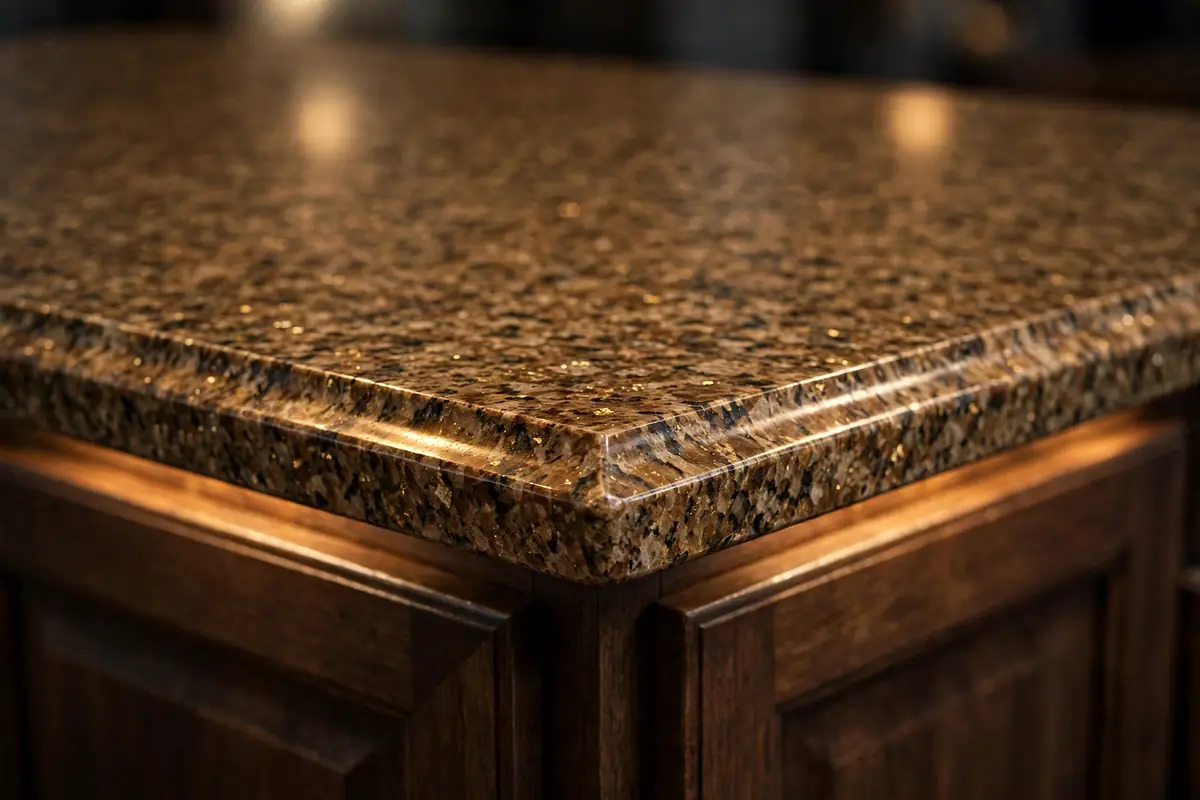 Polished granite countertop surface detail with speckled pattern, granite countertops Colorado Springs
