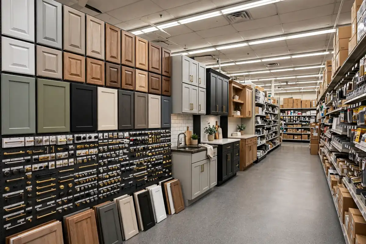 Big box store kitchen cabinet display aisle showing stock cabinet doors and finishes