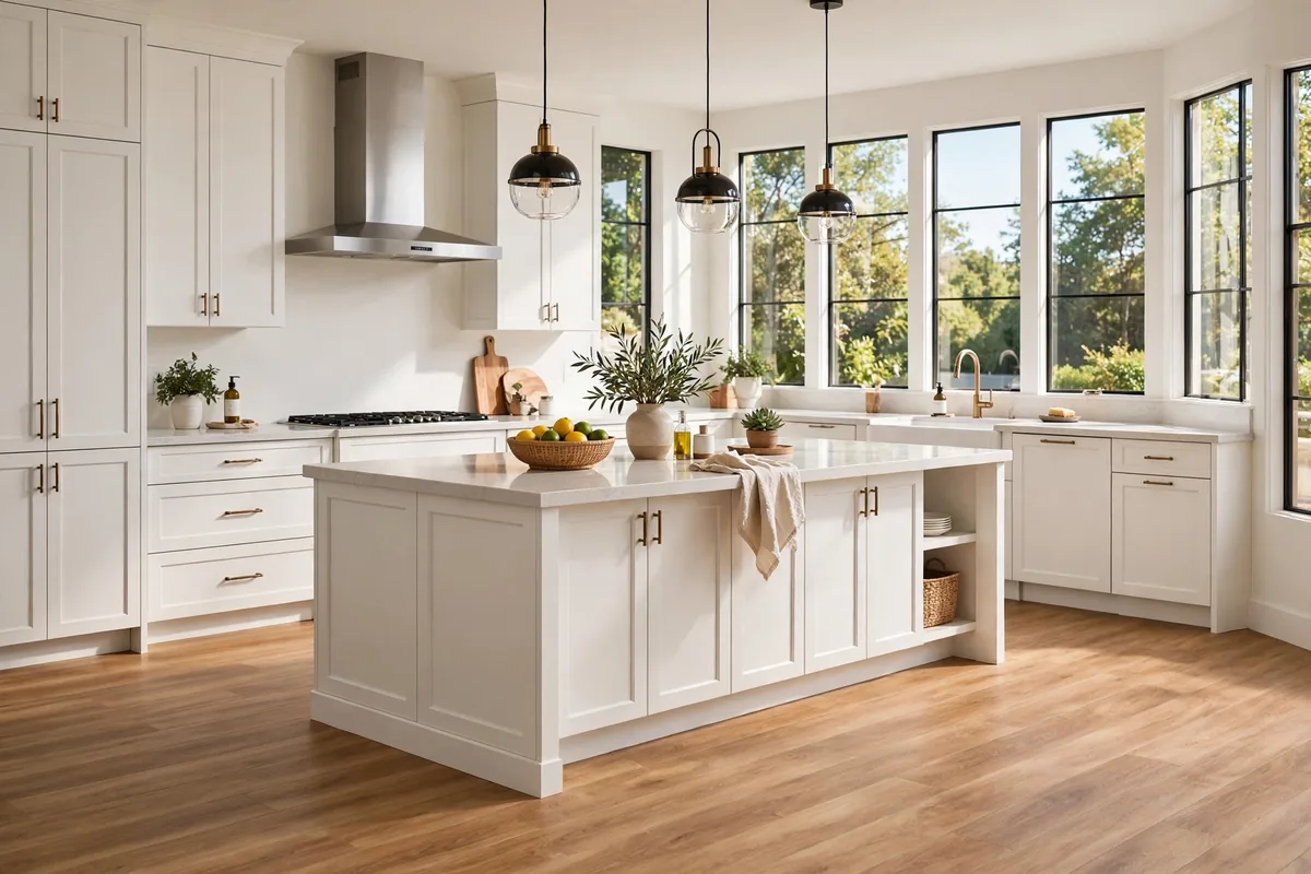 Kitchen with warm luxury vinyl plank flooring and white shaker cabinets