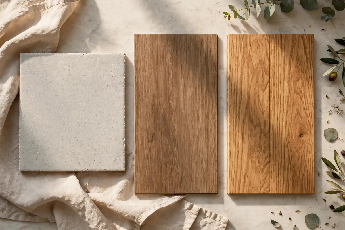 Hardwood, tile, and vinyl plank flooring samples compared in a kitchen