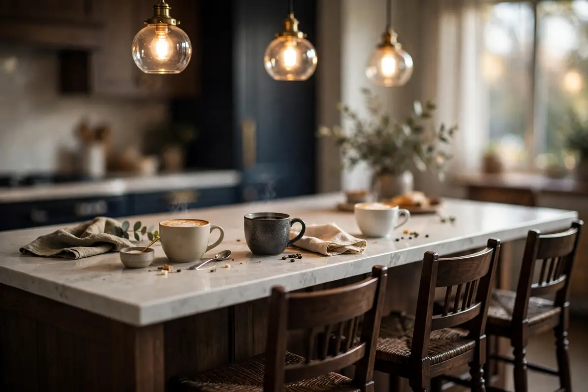 Kitchen island seating area with bar stools, quartz overhang, and pendant lights in Colorado Springs