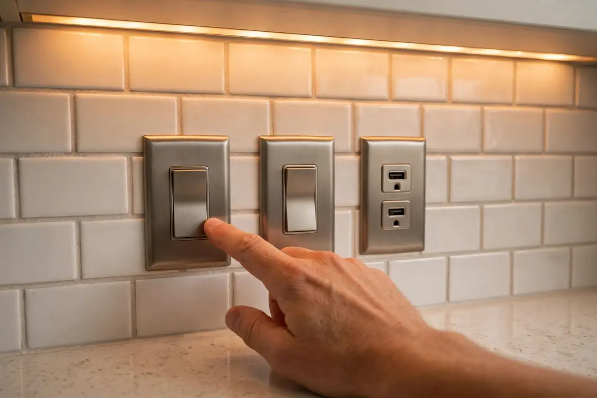 Light switches and USB outlets placed on a subway tile kitchen backsplash