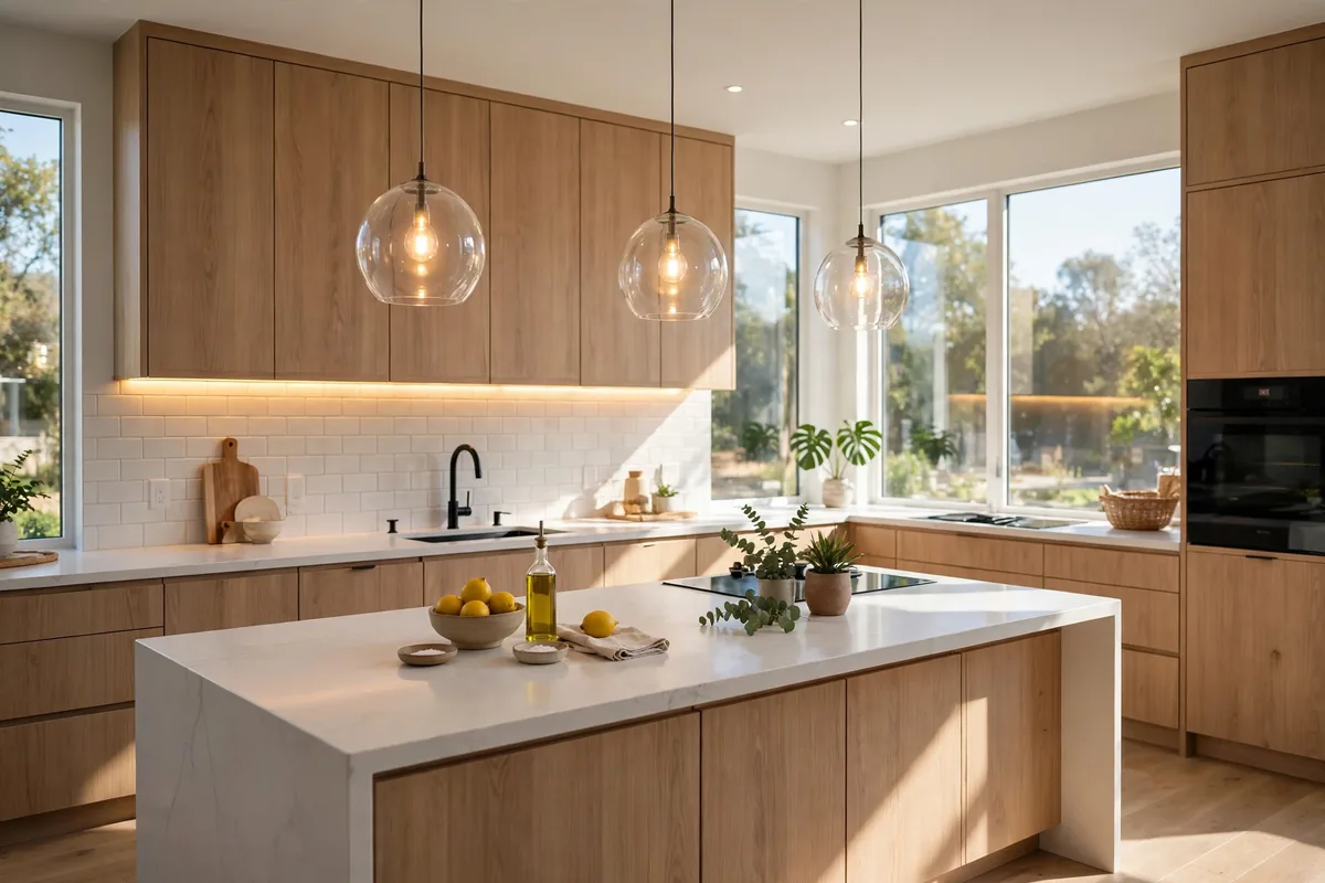 Modern kitchen with pendant lights over island and glowing under cabinet lighting
