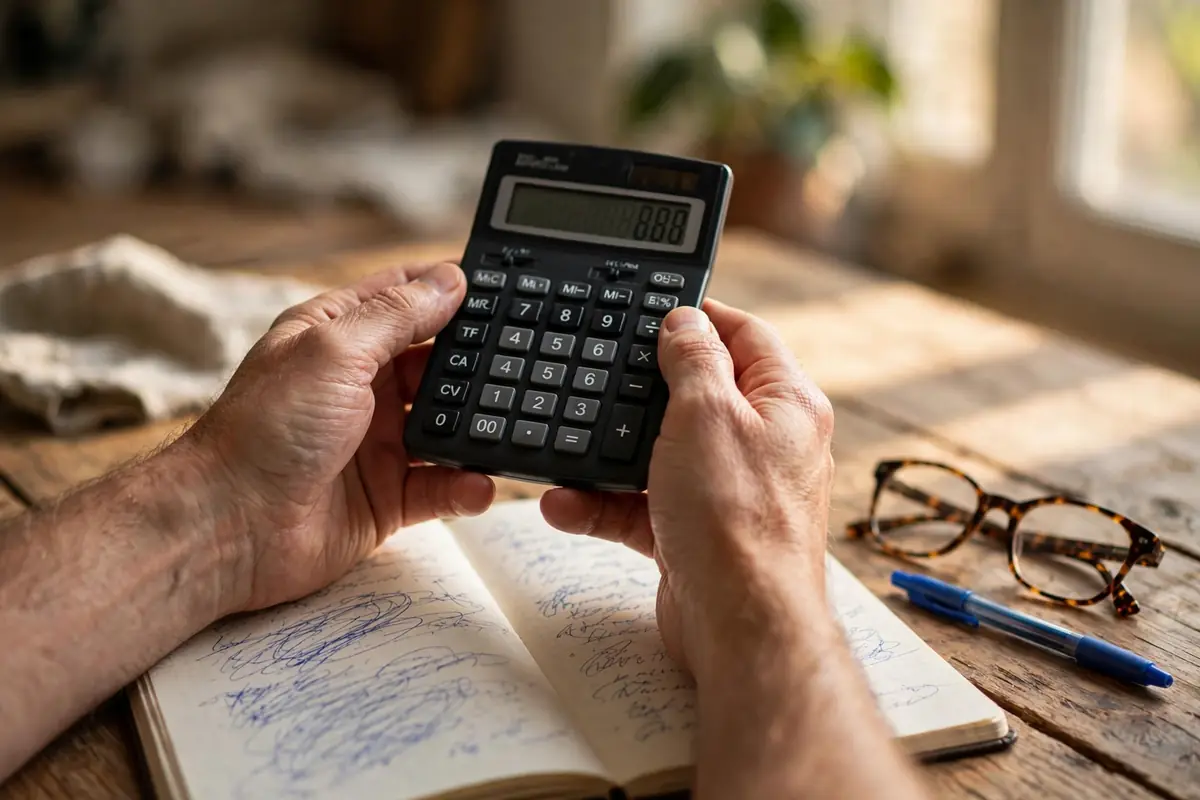 Homeowner calculating kitchen remodel budget with calculator and notebook