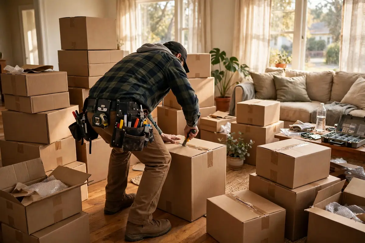 New kitchen cabinets delivered in boxes before a Colorado Springs remodel