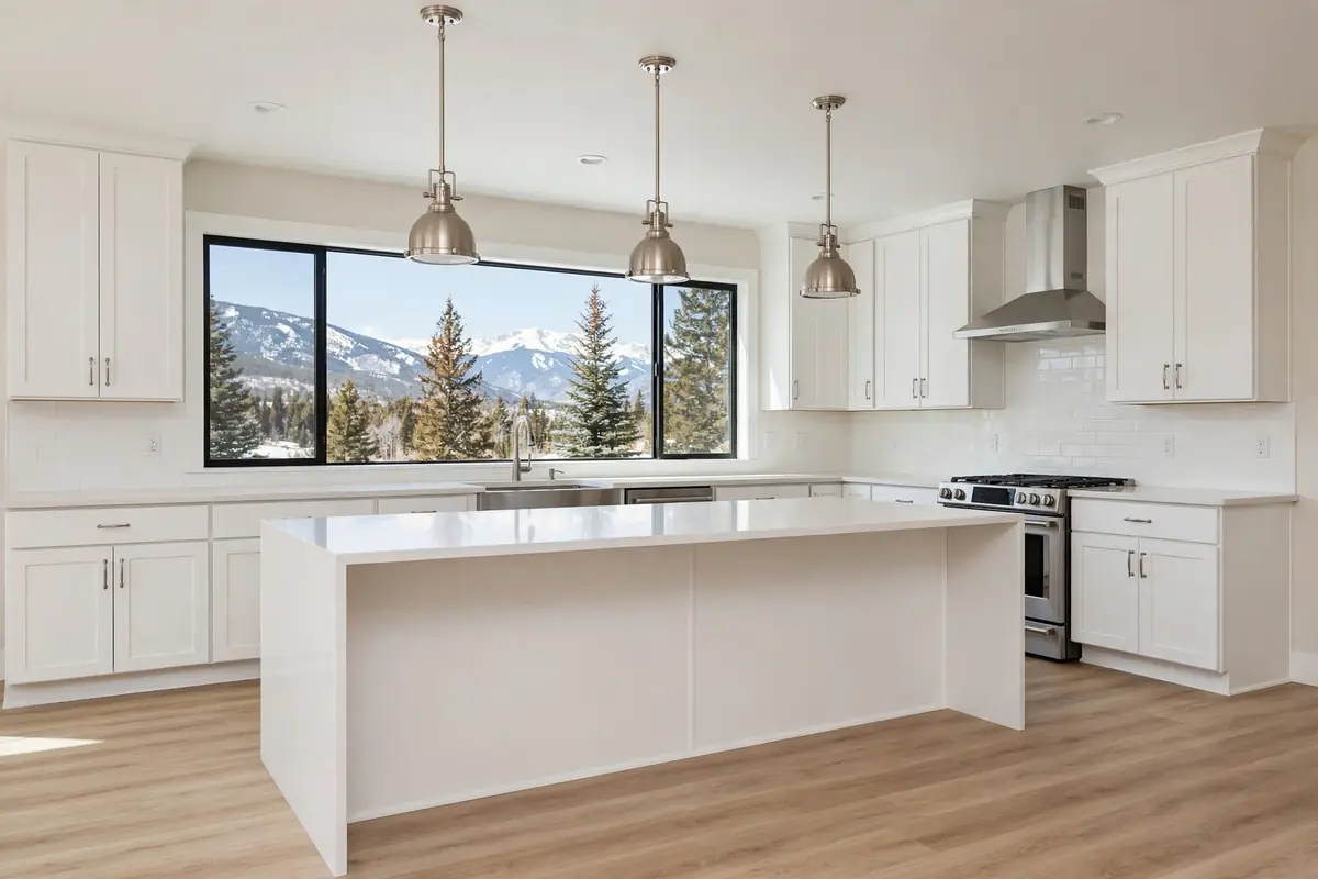 Finished mid-range kitchen remodel with white shaker cabinets and quartz island in Colorado Springs