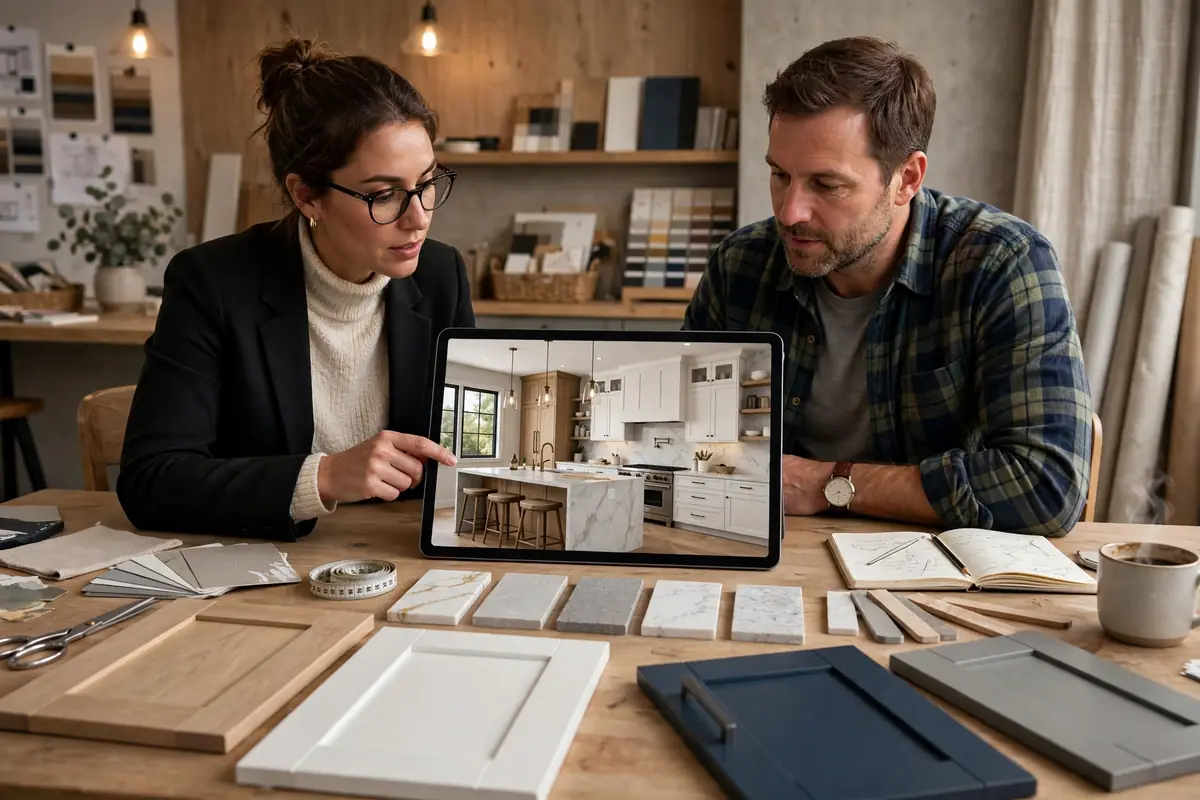 Kitchen remodel design consultation in Colorado Springs with 3D rendering and material samples