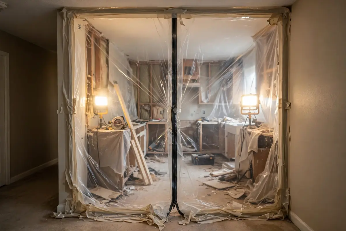 Plastic dust barrier with zipper door sealing off a kitchen renovation work zone