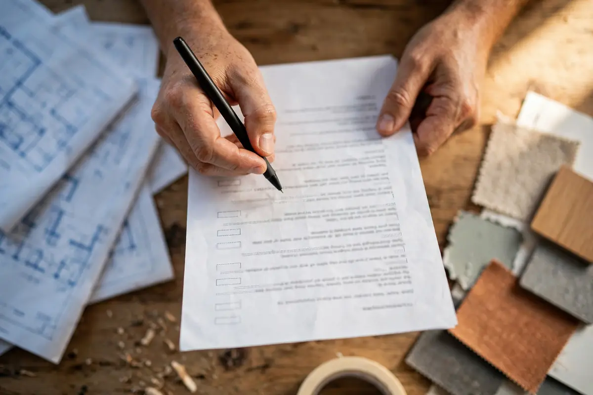 Hands reviewing a detailed itemized contractor quote with blueprints and material samples