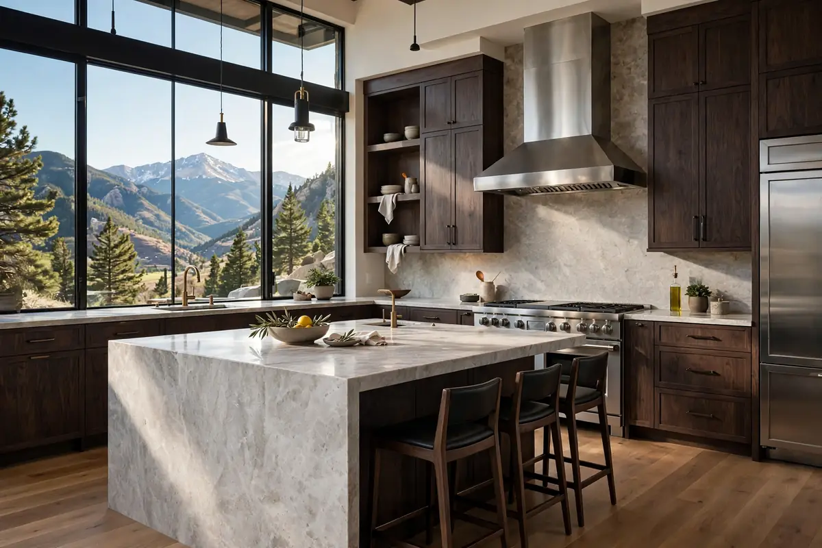 Luxury kitchen remodel with custom cabinetry and mountain views matching high-end Colorado Springs home values