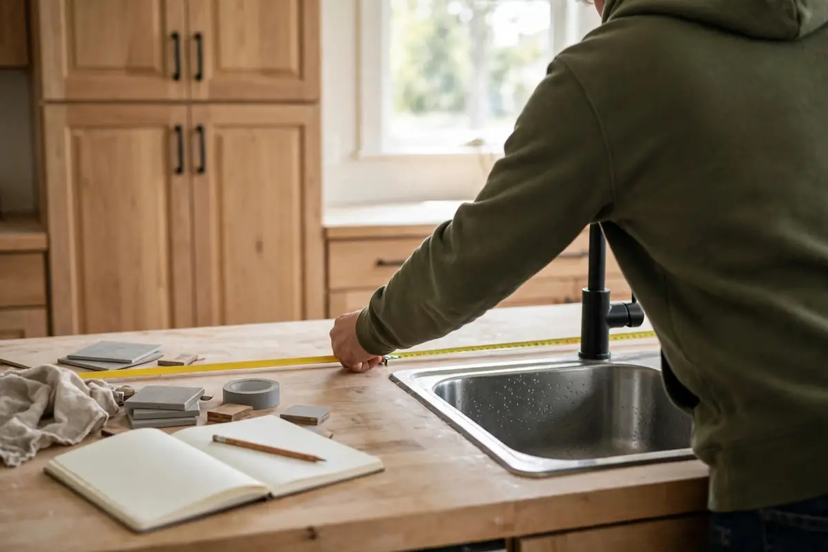 Measuring tape stretched across a kitchen countertop before a kitchen remodel in Colorado Springs