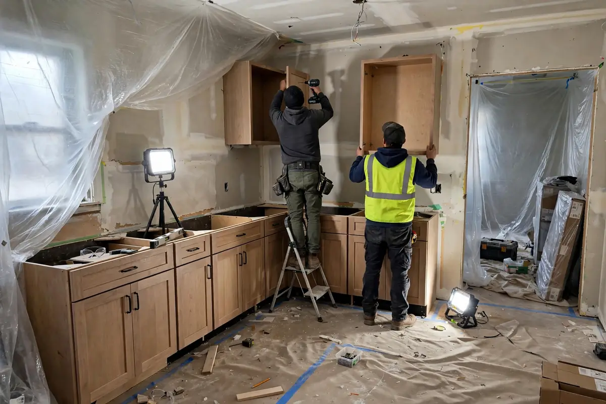 Kitchen mid-remodel with new cabinets being installed during the construction phase