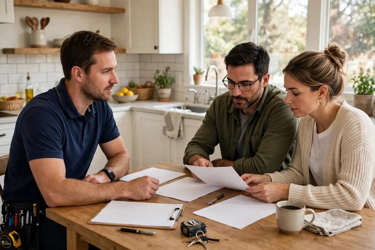 Contractor reviewing an itemized quote and license paperwork with homeowners in Colorado Springs
