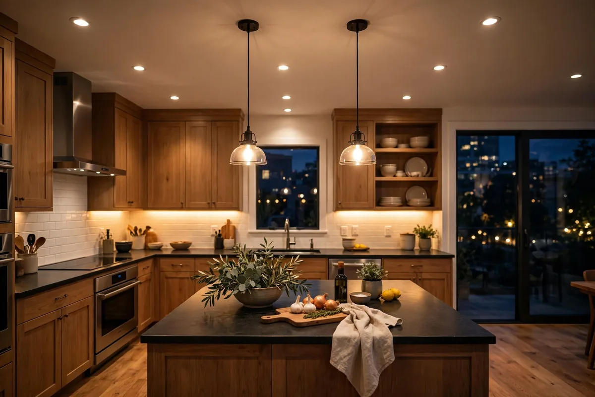Recessed ceiling lights and pendants layered above a kitchen island