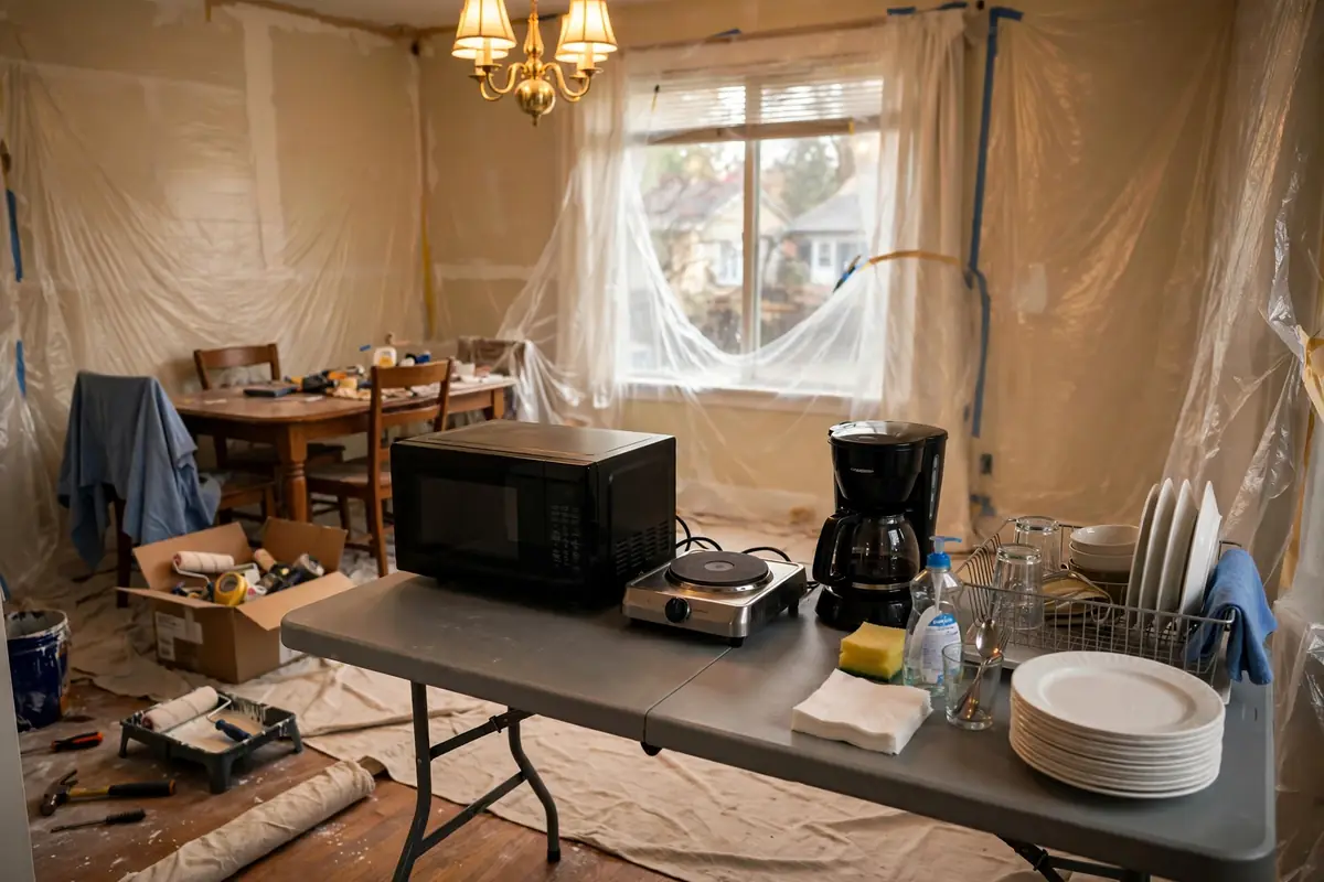 Temporary kitchen setup with microwave and hot plate in a dining room during a Colorado Springs remodel