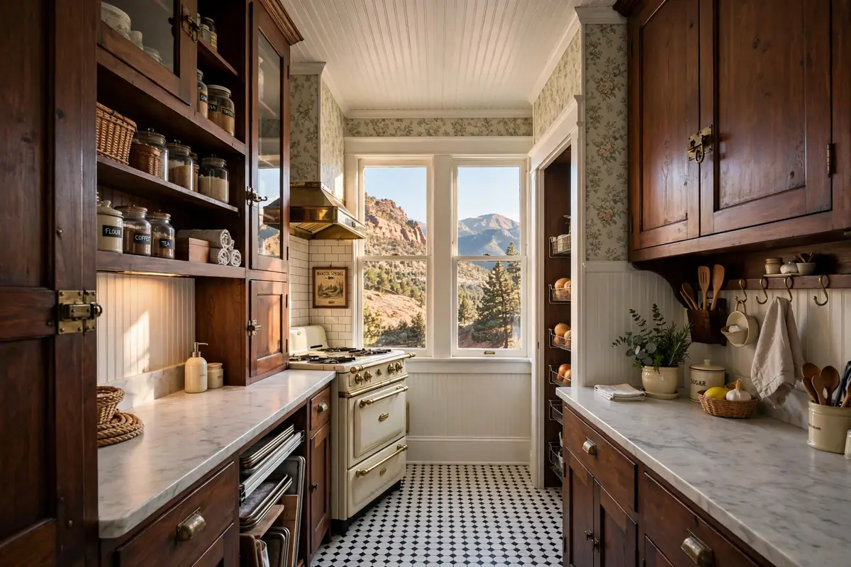 Victorian galley kitchen remodel Manitou Springs CO: dark stained cabinets, tall windows