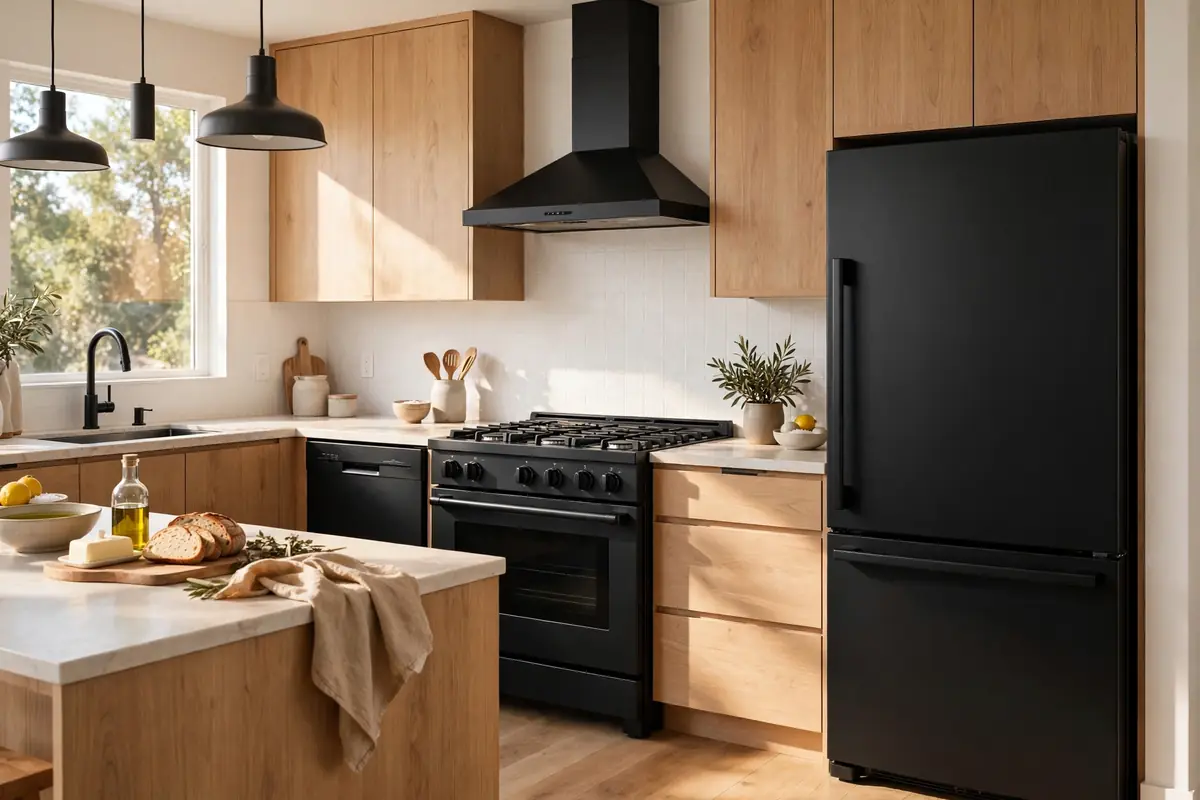Matte black fingerprint-resistant kitchen appliances with simple manual knobs