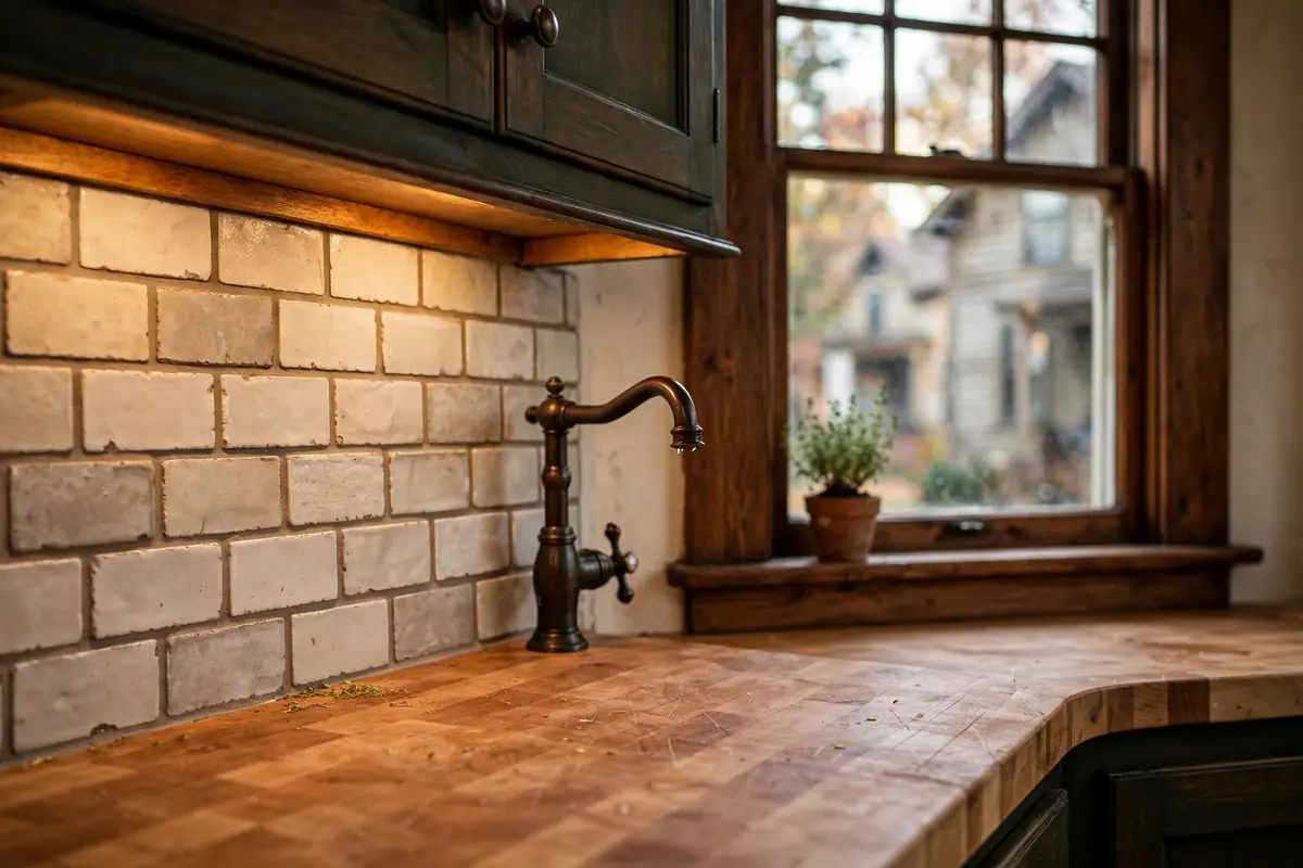 Craftsman kitchen corner detail in an Old Colorado City remodel with butcher block counters and subway tile