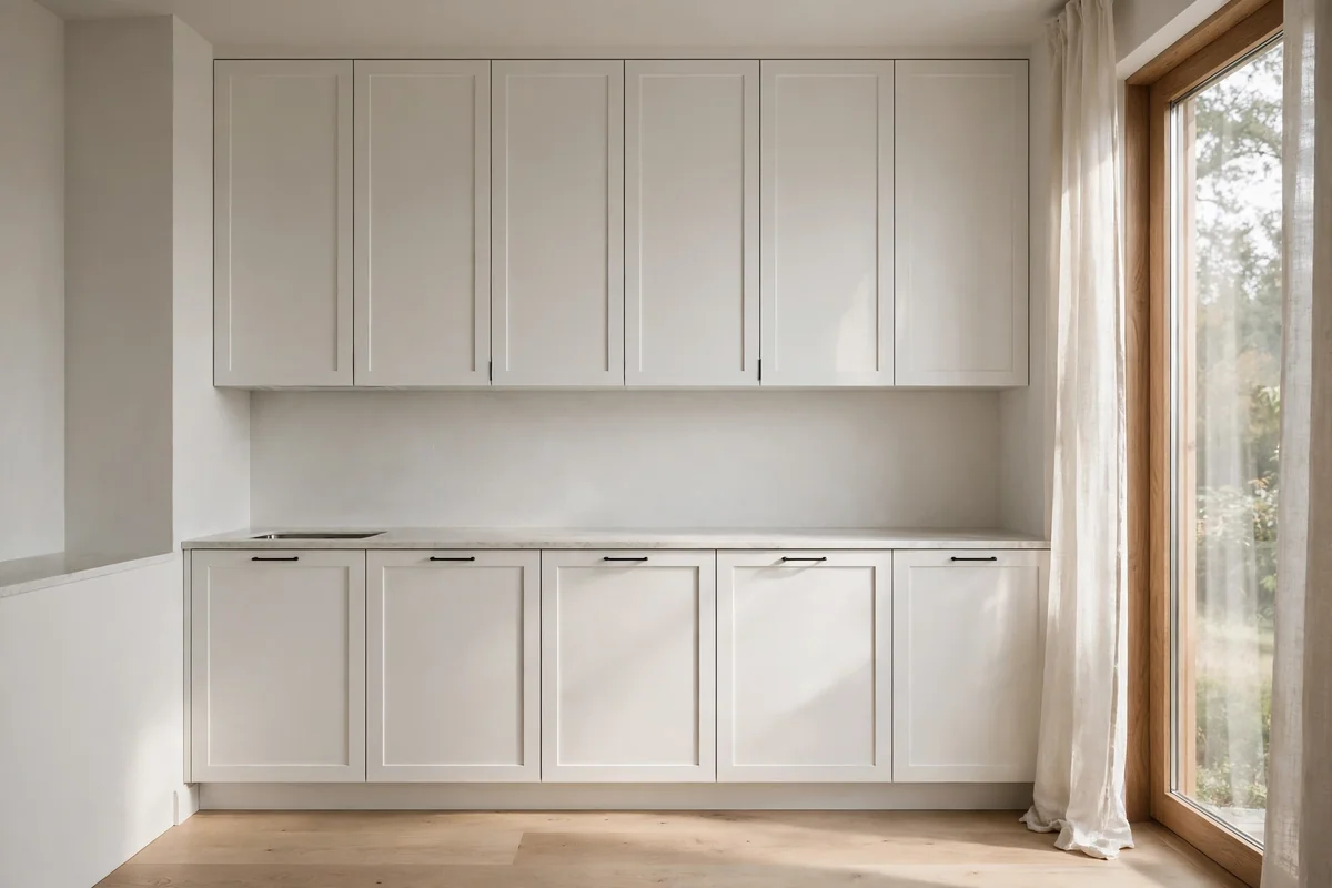 Clean white shaker upper cabinets above a minimalist kitchen countertop