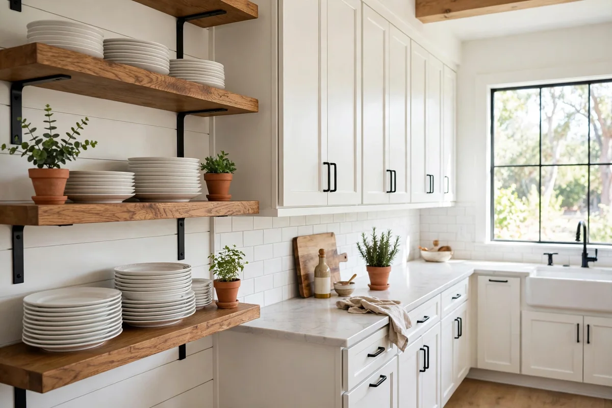 Open wooden shelves with white dishes and plants beside closed upper cabinets
