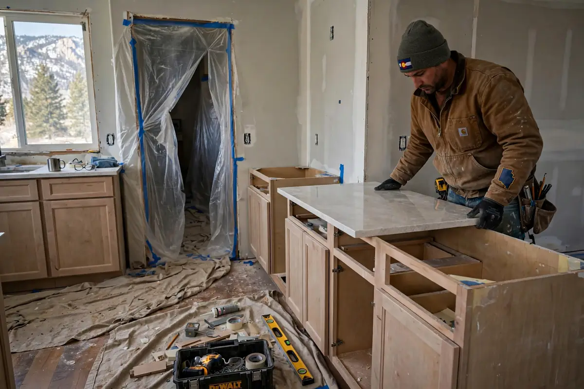 Quartz countertop installation in progress with dust barriers protecting a Colorado Springs home